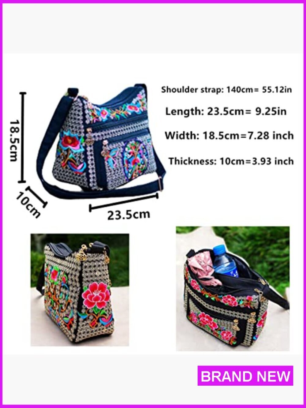 Vintage Embroidered Hobo Crossbody Bag Boho Hippie Tote Handbag Shoulder Purse - Picture 4 of 7